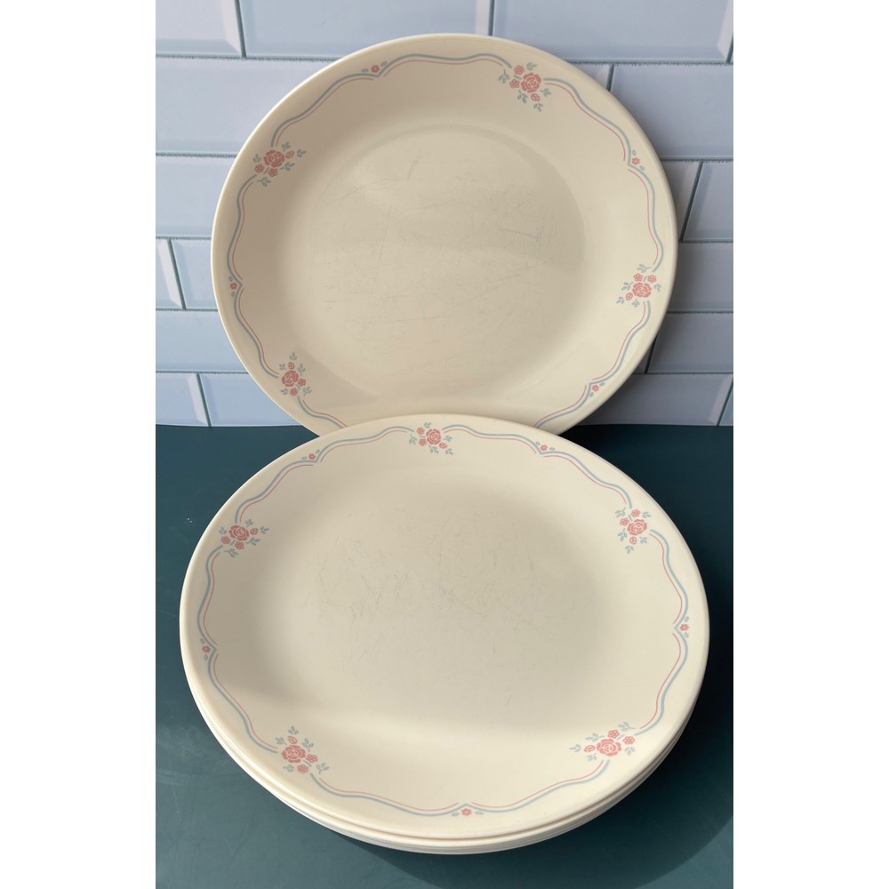 11 Pc Corelle English Breakfast Dinner Plates Pink Rose Blue Scallop 10 in